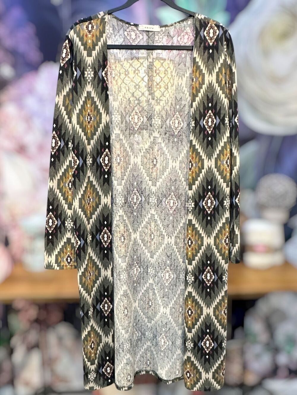 Entro L Aztec Open Front Long Cardigan Duster Kimono Tribal Southwestern Boho